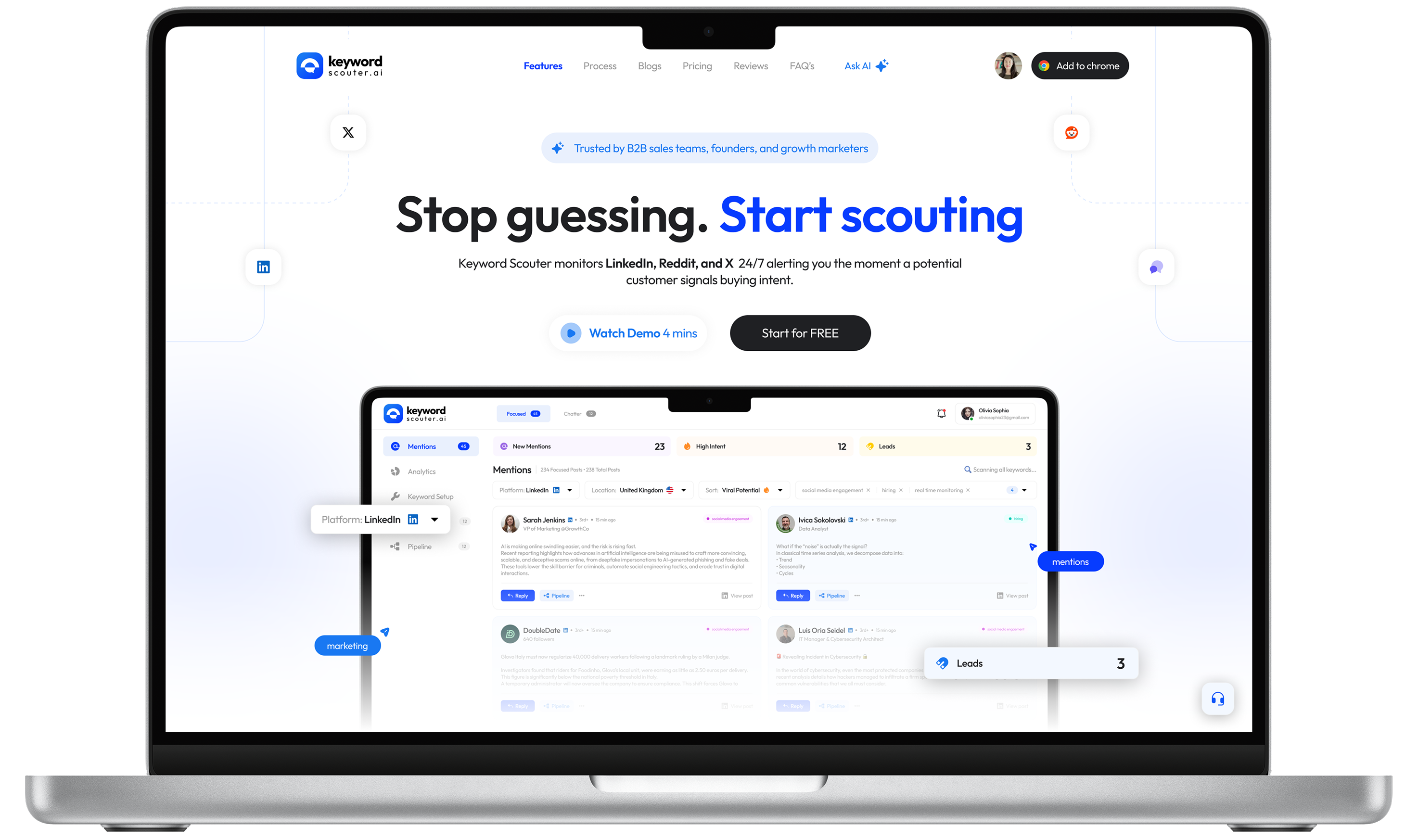 KeywordScouter.ai redesign — full laptop mockup