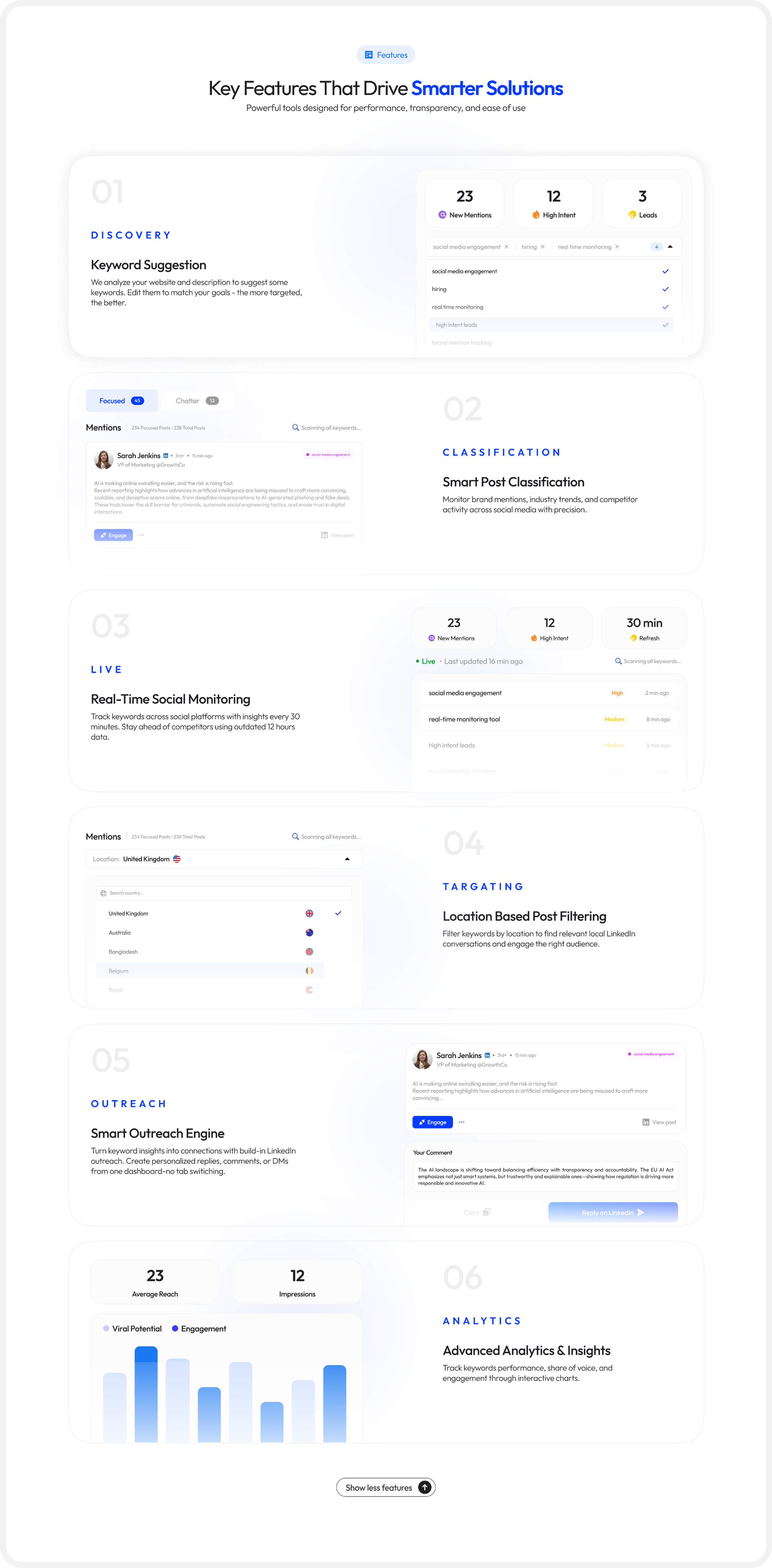 Key features redesign — numbered alternating layout with 6 sections