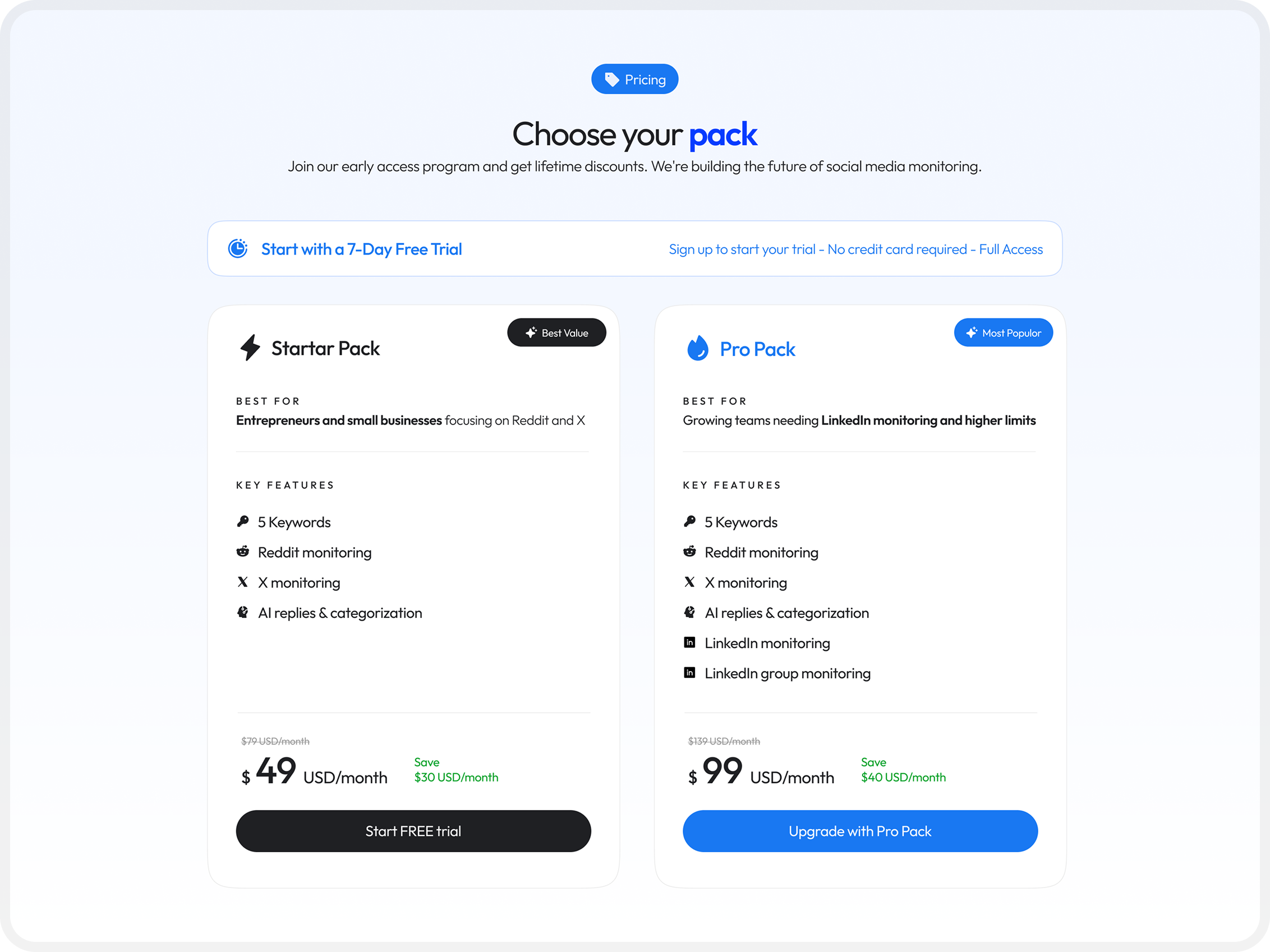 Pricing section redesign — Pro Pack highlighted as most popular